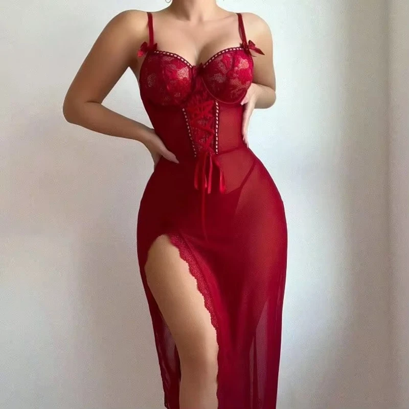 Long Mesh Lace Suspender Transparent Hollow Out with Embroidered Waist - Image 4