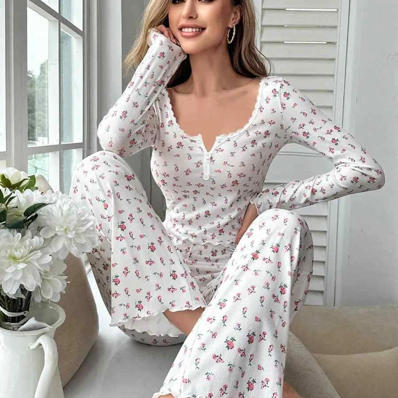 Long Sleeve V-neck Pajamas Small Floral Printed Lettuce Curled Pants Knitted Home Wear