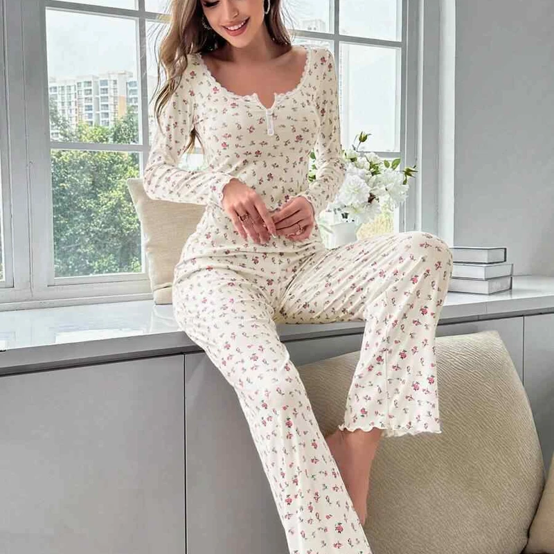 Long Sleeve V-neck Pajamas Small Floral Printed Lettuce Curled Pants Knitted Home Wear