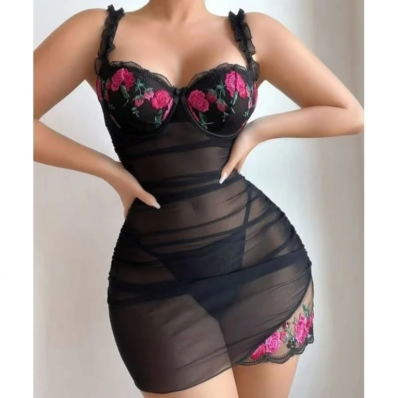 Embroidered Flower Mesh Two-Piece Night Dress - Image 3