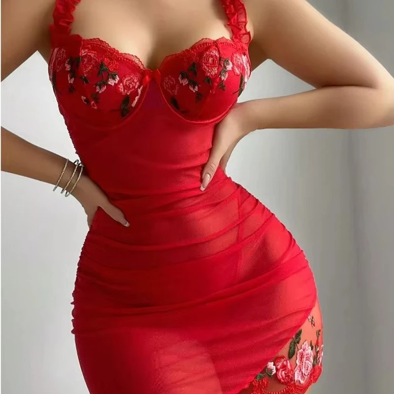 Embroidered Flower Mesh Two-Piece Night Dress