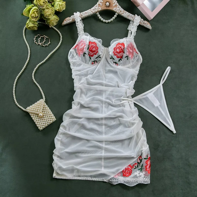 Embroidered Flower Mesh Two-Piece Night Dress - Image 7