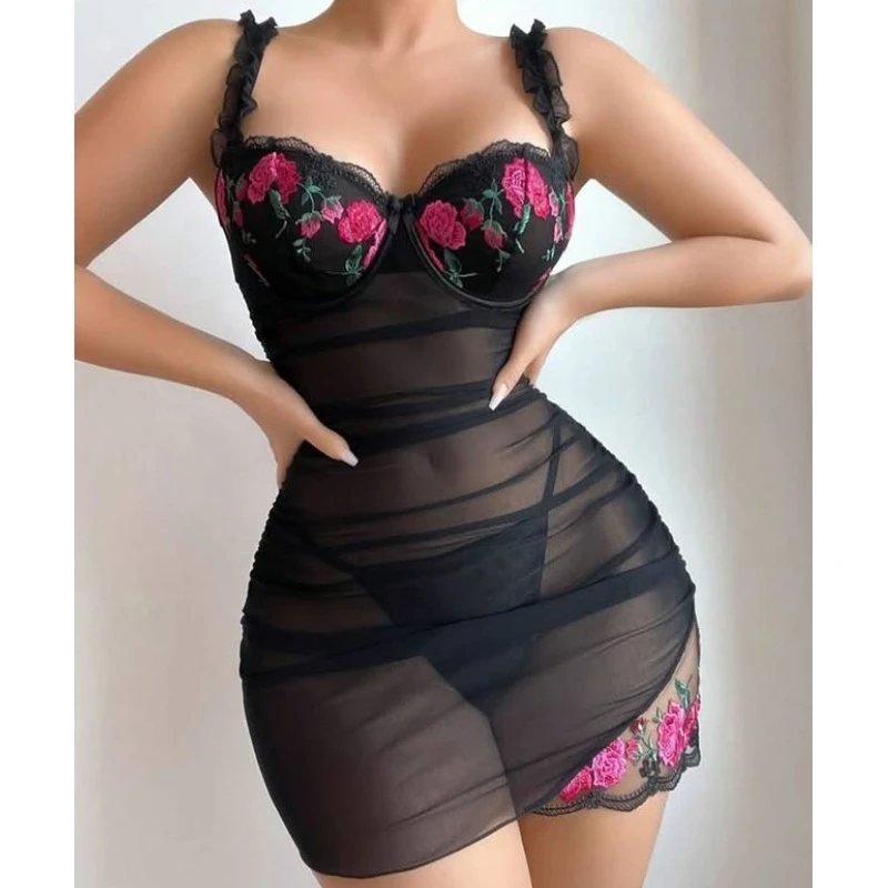 Embroidered Flower Mesh Two-Piece Night Dress