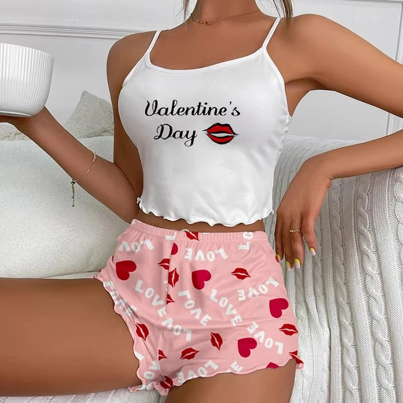Two-Piece Printed Shorts Soft Waist-tied Casual Sleeveless Pajamas Set