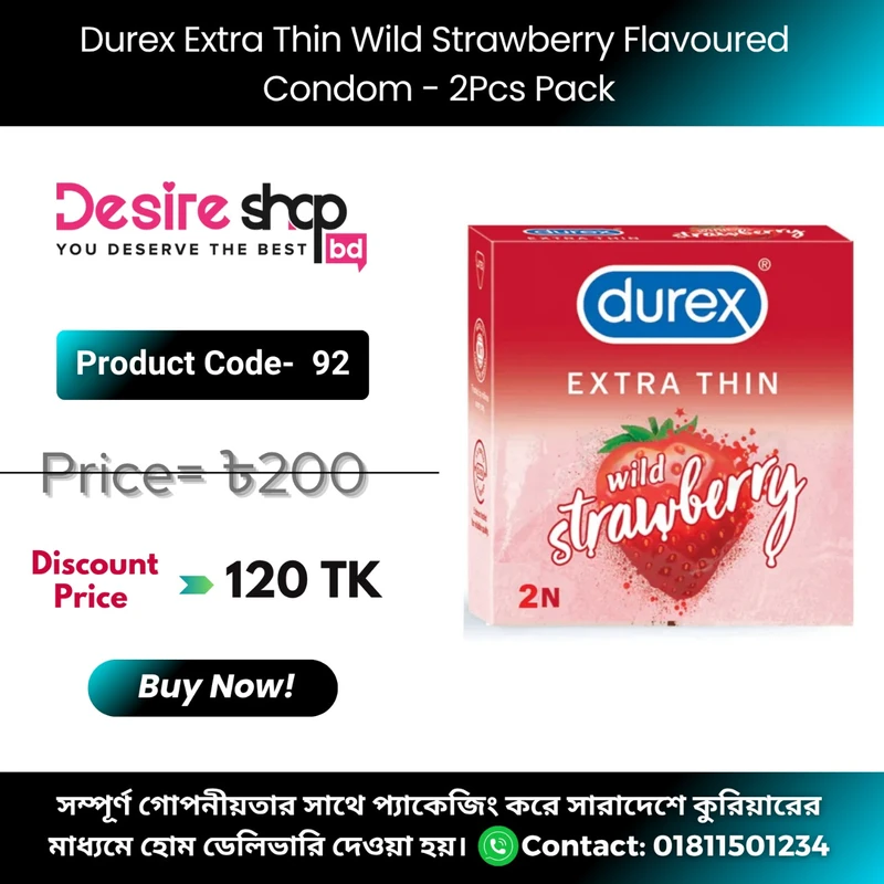 Durex Extra Thin Wild Strawberry Flavoured Condom - 2Pcs Pack
