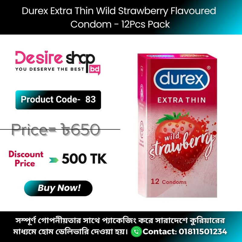 Durex Extra Thin Wild Strawberry Flavoured Condom - 10Pcs Pack