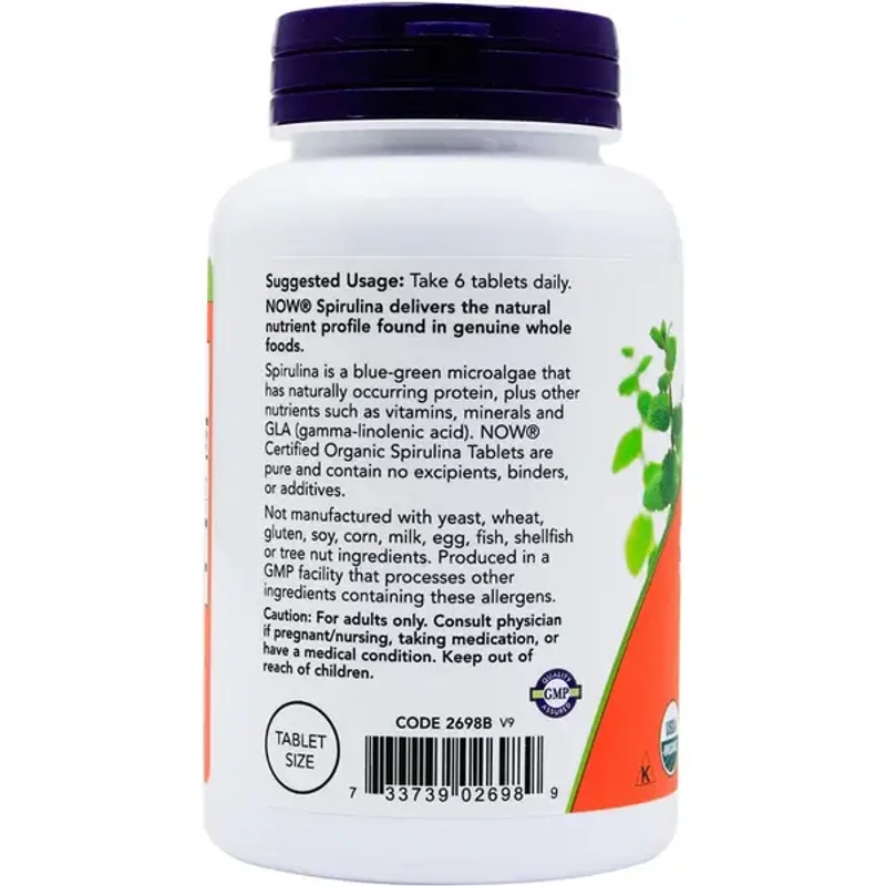Now Certified Organic Spirulina (500 mg) – 200 tablets; Super Green, Nutrient-rich