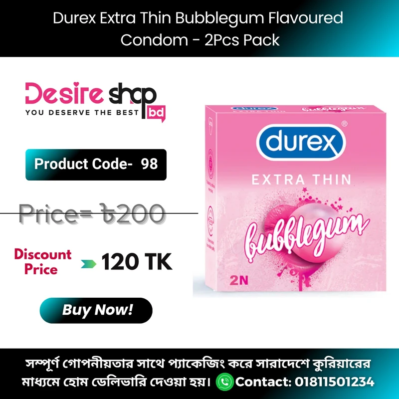 Durex Extra Thin Bubblegum Flavoured Condom - 2Pcs Pack