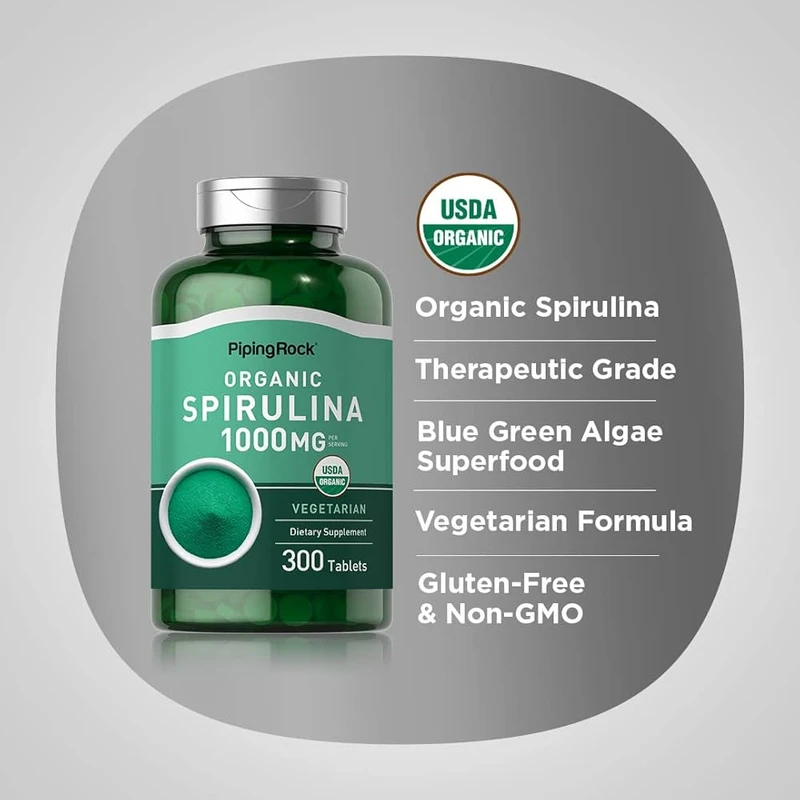 Piping Rock Spirulina (Organic), 1000 mg (per serving), 300 Vegetarian Tablets