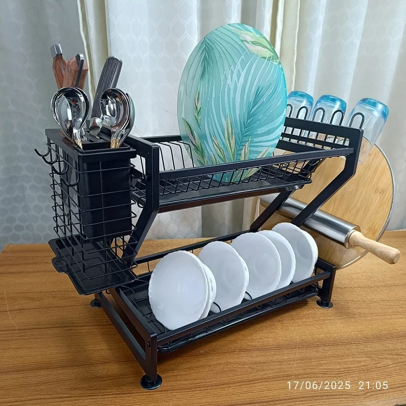 Dish Drying Rack, Loyalfire 201 Stainless Steel 2 Tier Large Dish Rack with 2 Drainboard Set, Utensil Holder Dish Drainer, Cup Hanging Holder for Kitchen Counter