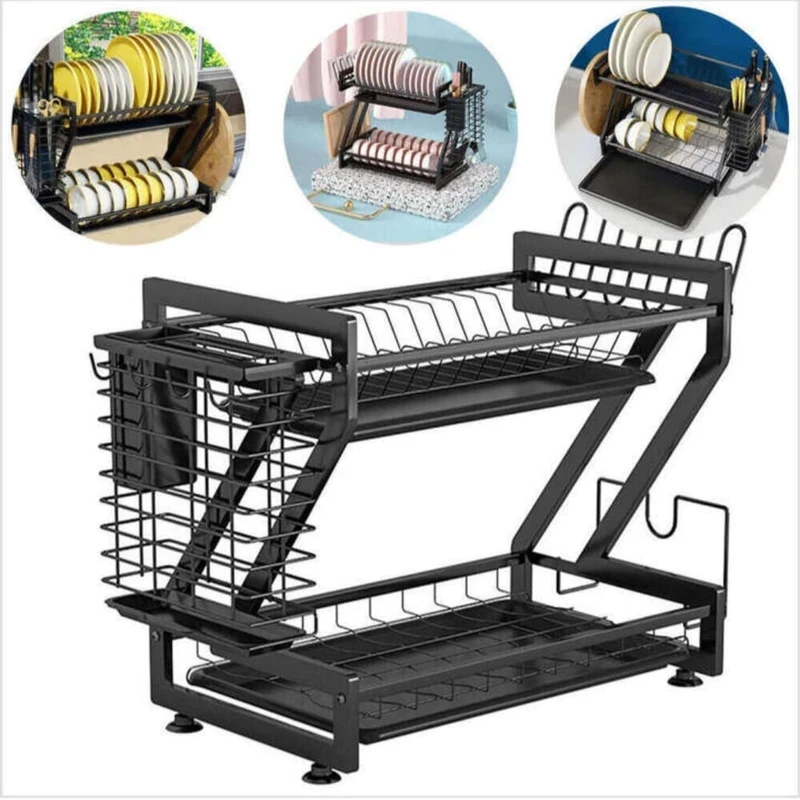 Dish Drying Rack, Loyalfire 201 Stainless Steel 2 Tier Large Dish Rack with 2 Drainboard Set, Utensil Holder Dish Drainer, Cup Hanging Holder for Kitchen Counter - Image 3