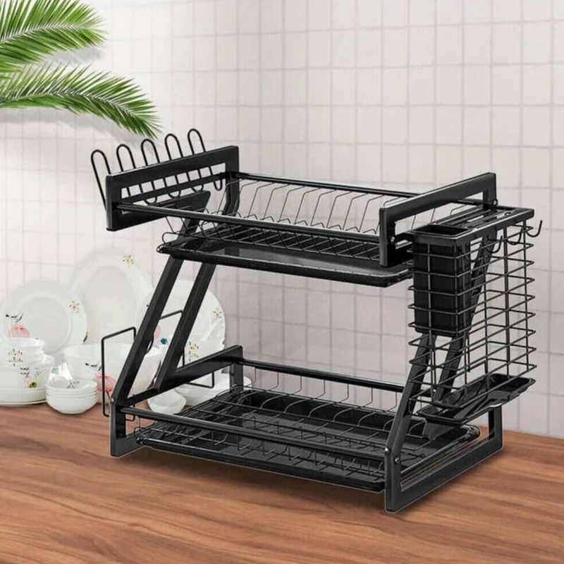 Dish Drying Rack, Loyalfire 201 Stainless Steel 2 Tier Large Dish Rack with 2 Drainboard Set, Utensil Holder Dish Drainer, Cup Hanging Holder for Kitchen Counter - Image 5