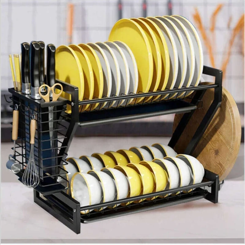 Dish Drying Rack, Loyalfire 201 Stainless Steel 2 Tier Large Dish Rack with 2 Drainboard Set, Utensil Holder Dish Drainer, Cup Hanging Holder for Kitchen Counter - Image 7