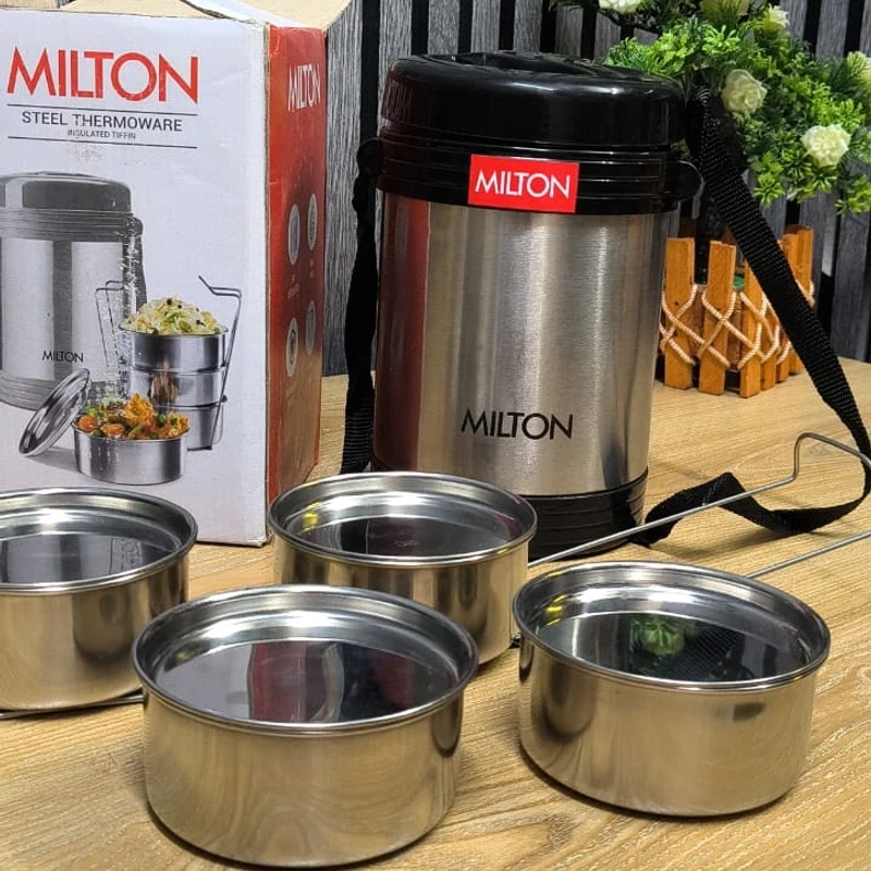 Milton Steel Thermoware Tiffin Box (4 Container) | Insulated Hot & Fresh Lunch Carrier