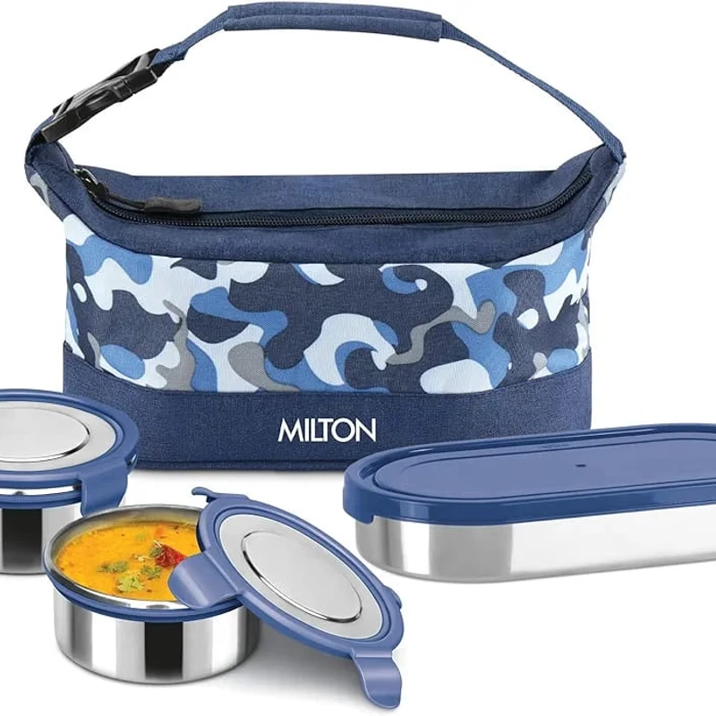MILTON Camo Delight Stainless Steel Tiffin With Jacket, Navy Blue 3 Containers Lunch Box (1210 ml)
