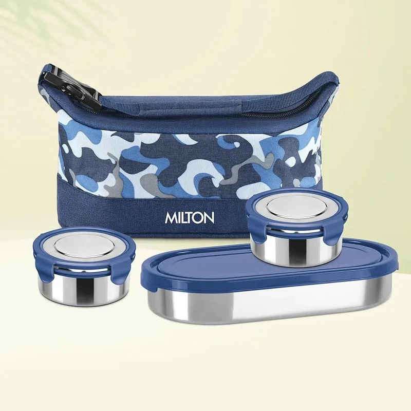 MILTON Camo Delight Stainless Steel Tiffin With Jacket, Navy Blue 3 Containers Lunch Box (1210 ml)