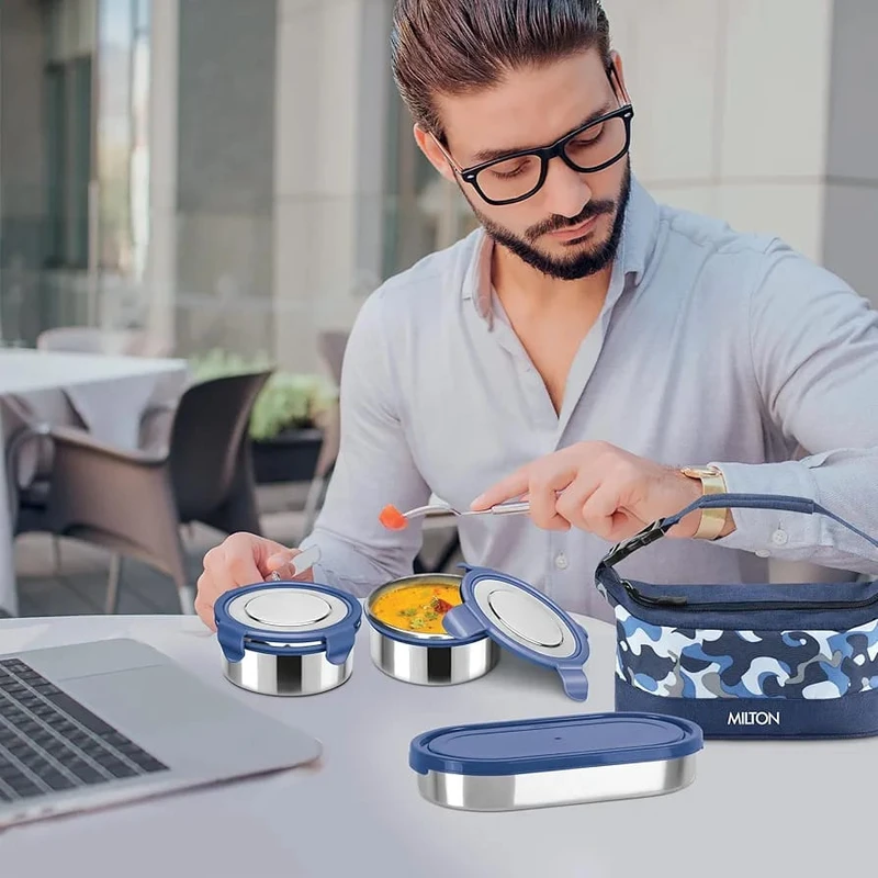 MILTON Camo Delight Stainless Steel Tiffin With Jacket, Navy Blue 3 Containers Lunch Box (1210 ml) - Image 3