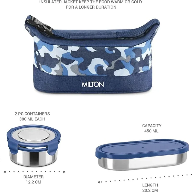 MILTON Camo Delight Stainless Steel Tiffin With Jacket, Navy Blue 3 Containers Lunch Box (1210 ml) - Image 4