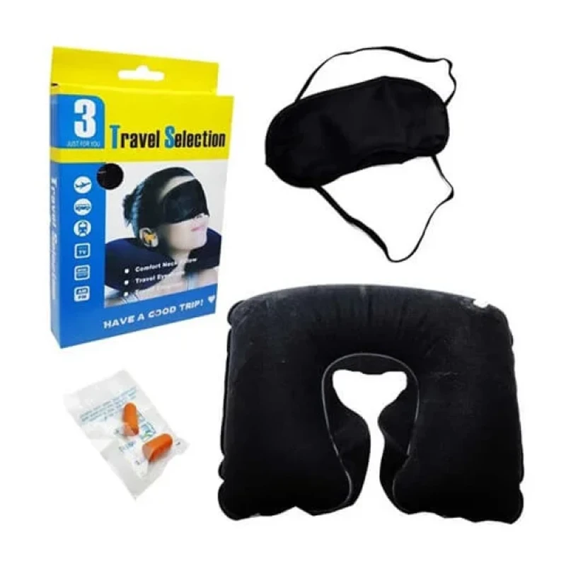 3-in-1 Travel Neck Pillow Set – Memory Foam, Eye Mask & Earplugs