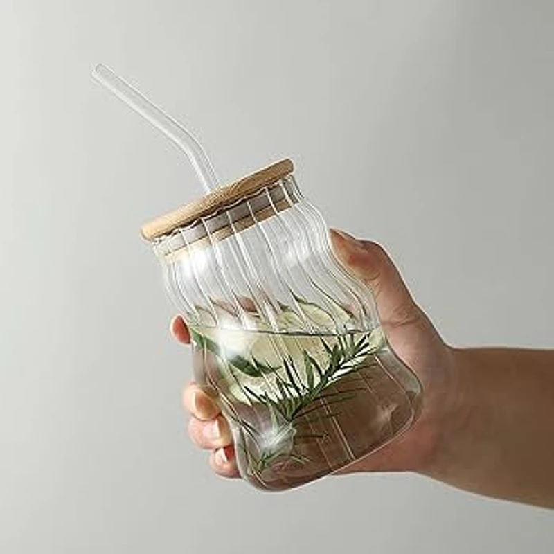 Ripple Glass Cup with Bamboo Lid & Straw