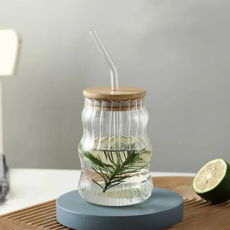 Ripple Glass Cup with Bamboo Lid & Straw