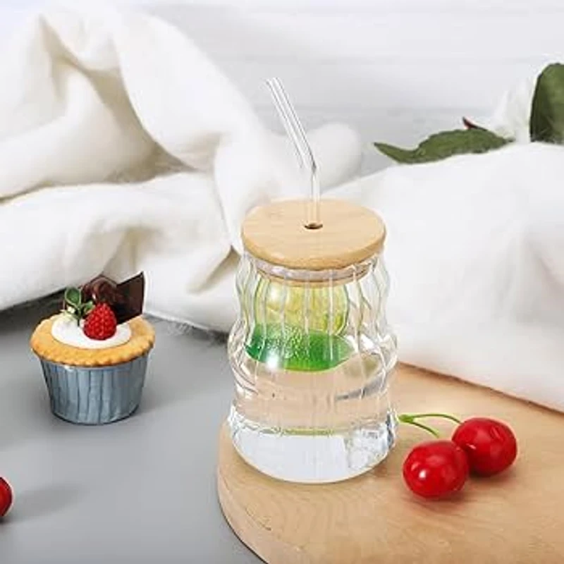 Ripple Glass Cup with Bamboo Lid & Straw - Image 3