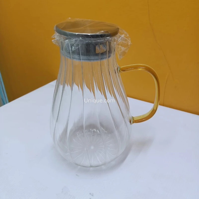Elegant Borosilicate Glass Water Pitcher – 1.2L with Stainless Steel Lid & Golden Handle