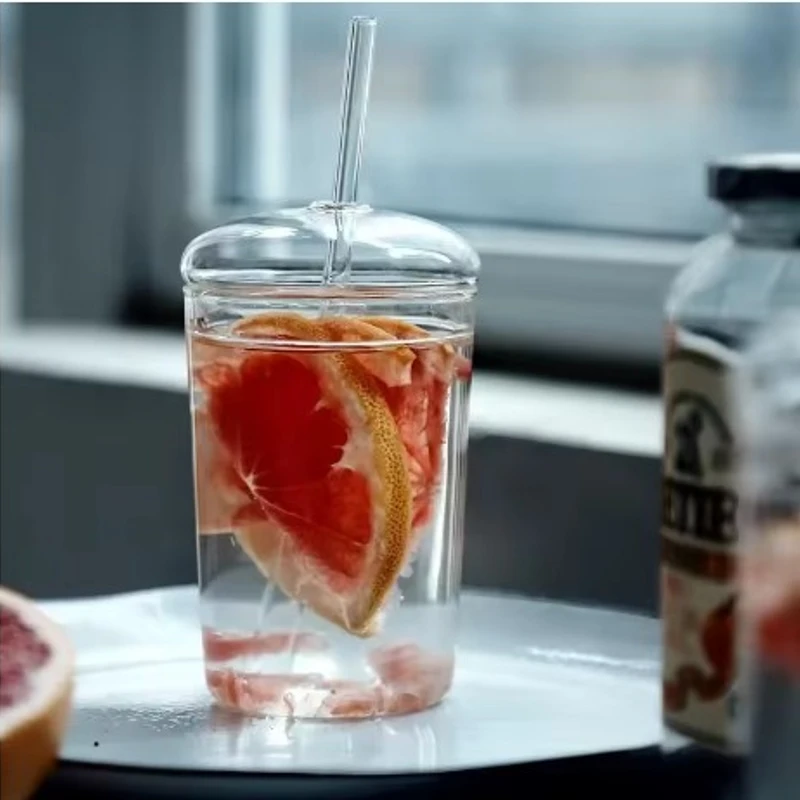 Clear Drinking Glass with Glass Lid & Straw - Image 3