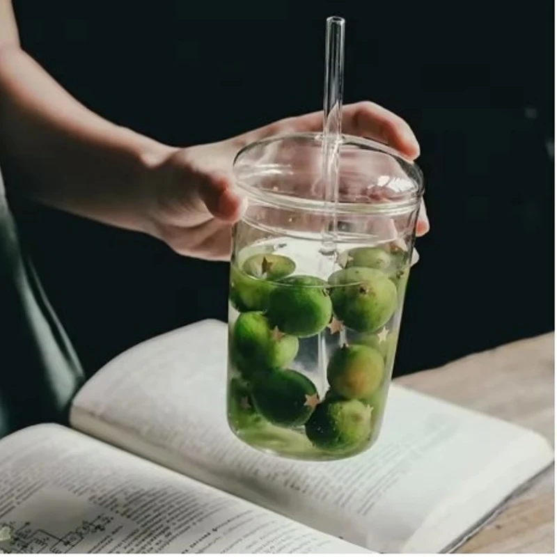 Clear Drinking Glass with Glass Lid & Straw - Image 4