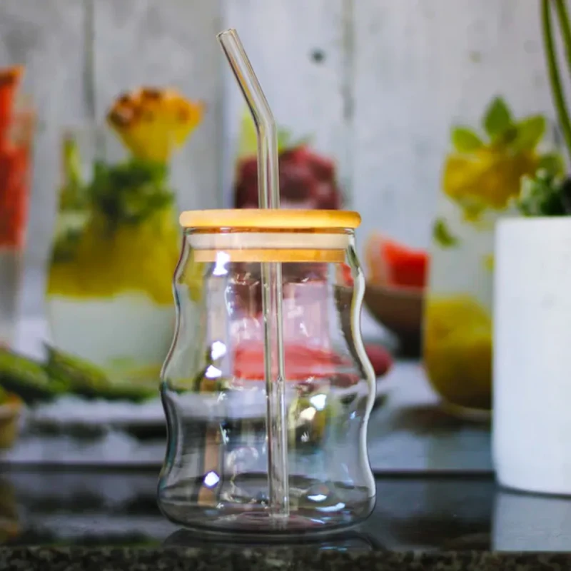 Wavy Glass Cup with Bamboo Lid & Straw