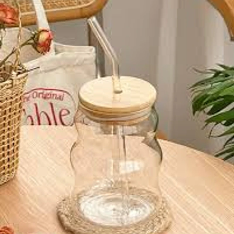 Wavy Glass Cup with Bamboo Lid & Straw