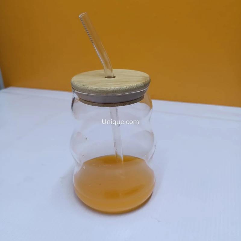 Wavy Glass Cup with Bamboo Lid & Straw - Image 3
