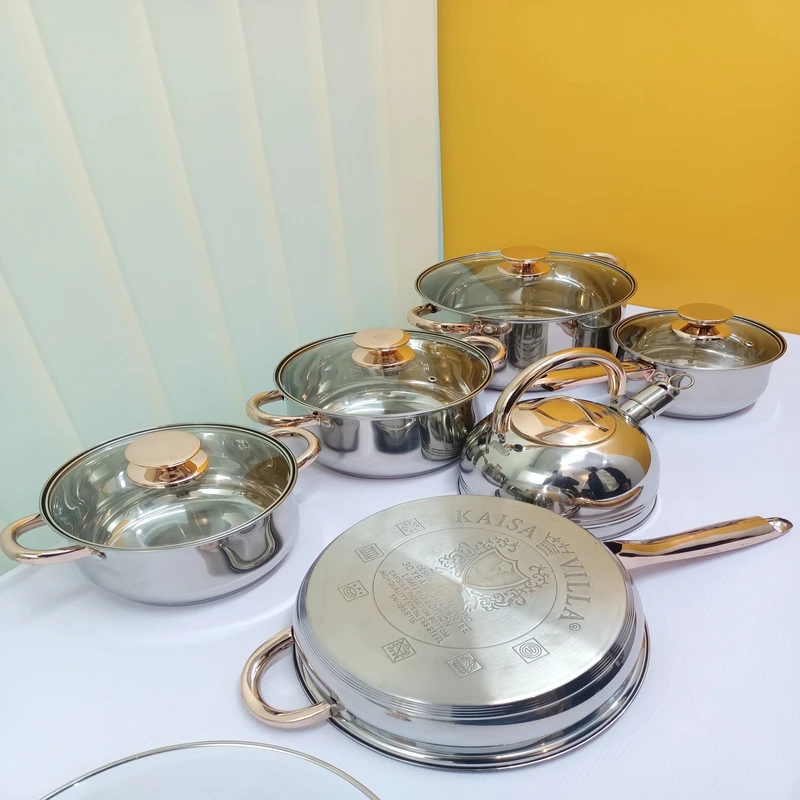 12 PCS Pan and Casserole Cookware Set Stainless Steel Gold-Plated Handle with Frying Pan - Image 3