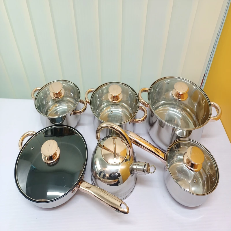 12 PCS Pan and Casserole Cookware Set Stainless Steel Gold-Plated Handle with Frying Pan