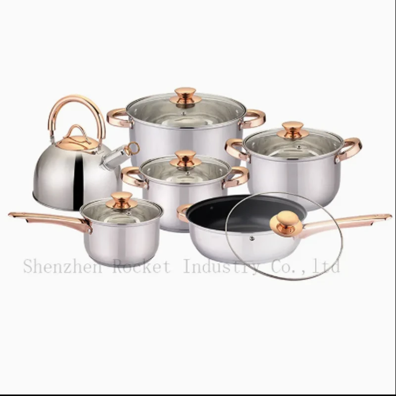 12 PCS Pan and Casserole Cookware Set Stainless Steel Gold-Plated Handle with Frying Pan