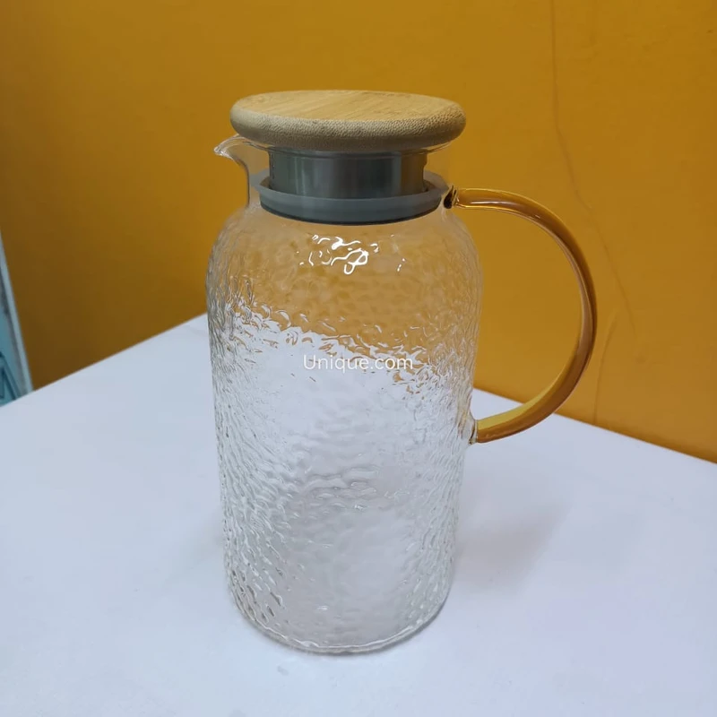 Textured Borosilicate Glass Pitcher – with Bamboo Lid & Golden Handle