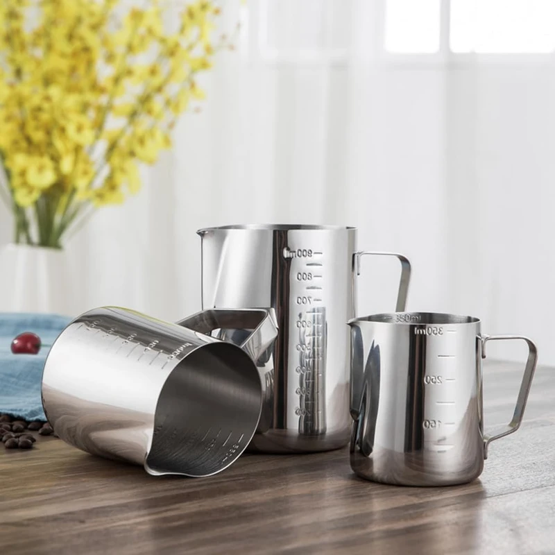 Wide Mouth Stainless Steel Milk Frothing Jug with Dual Measuring Scale.