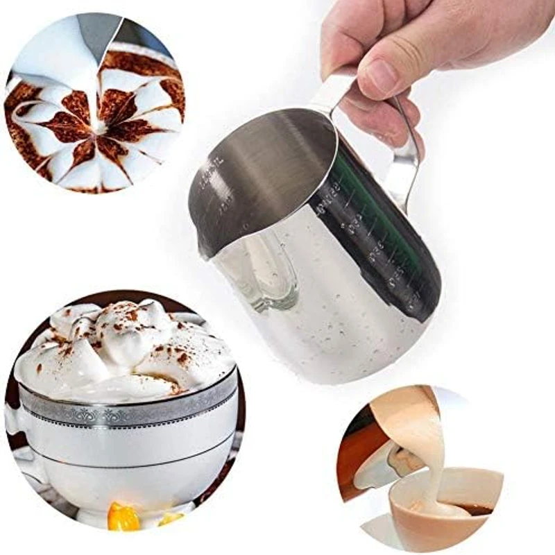 Wide Mouth Stainless Steel Milk Frothing Jug with Dual Measuring Scale.