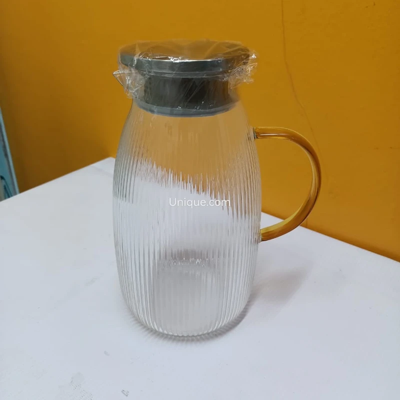 Ribbed Borosilicate Glass Pitcher – with Golden Handle & Stainless Steel Lid
