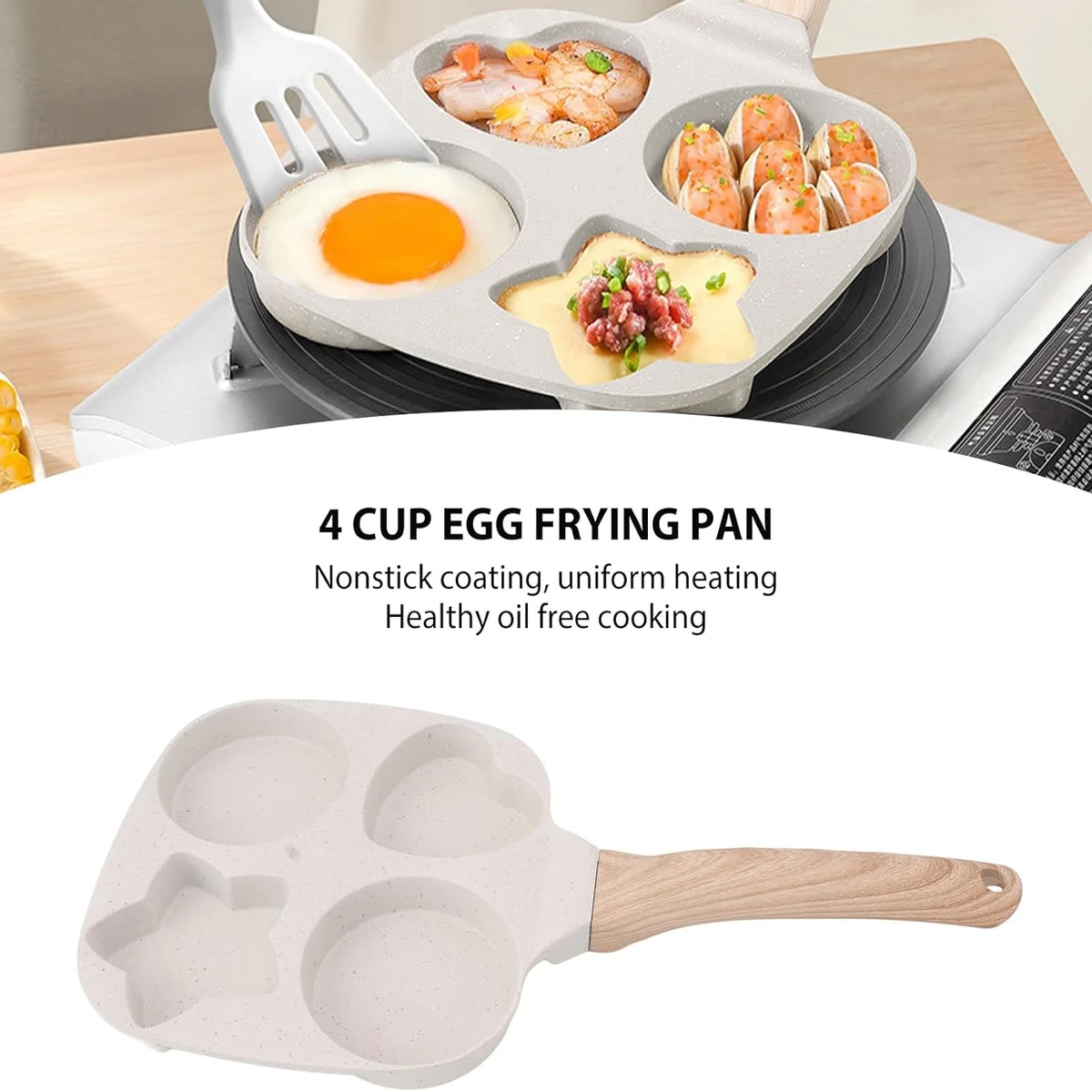 Egg Frying Pan 4 Cup Breakfast Egg Pancake Burger Cooker with Comfortable Wood Handle Non Stick Aluminum Alloy Fried Egg Pot for Kitchen - Image 3