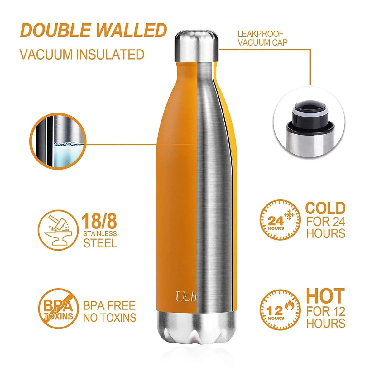 Stainless Steel Water Bottle, 500ml, Silver Double walled - Image 5