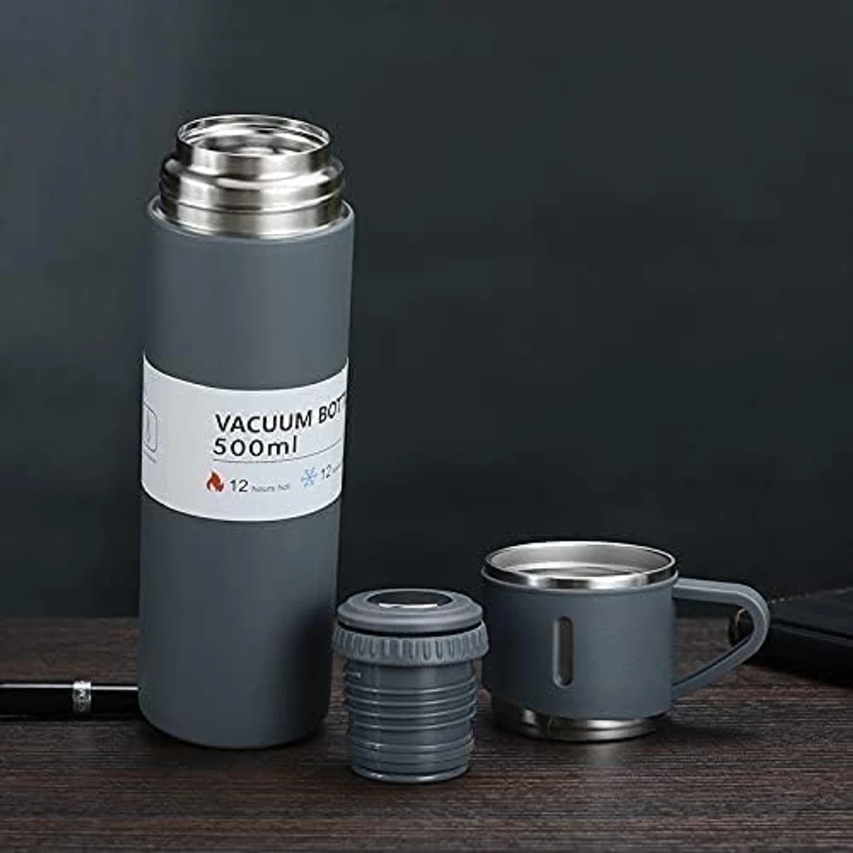 Steel Vacuum Flask Set with 3 Stainless Steel Cups Combo