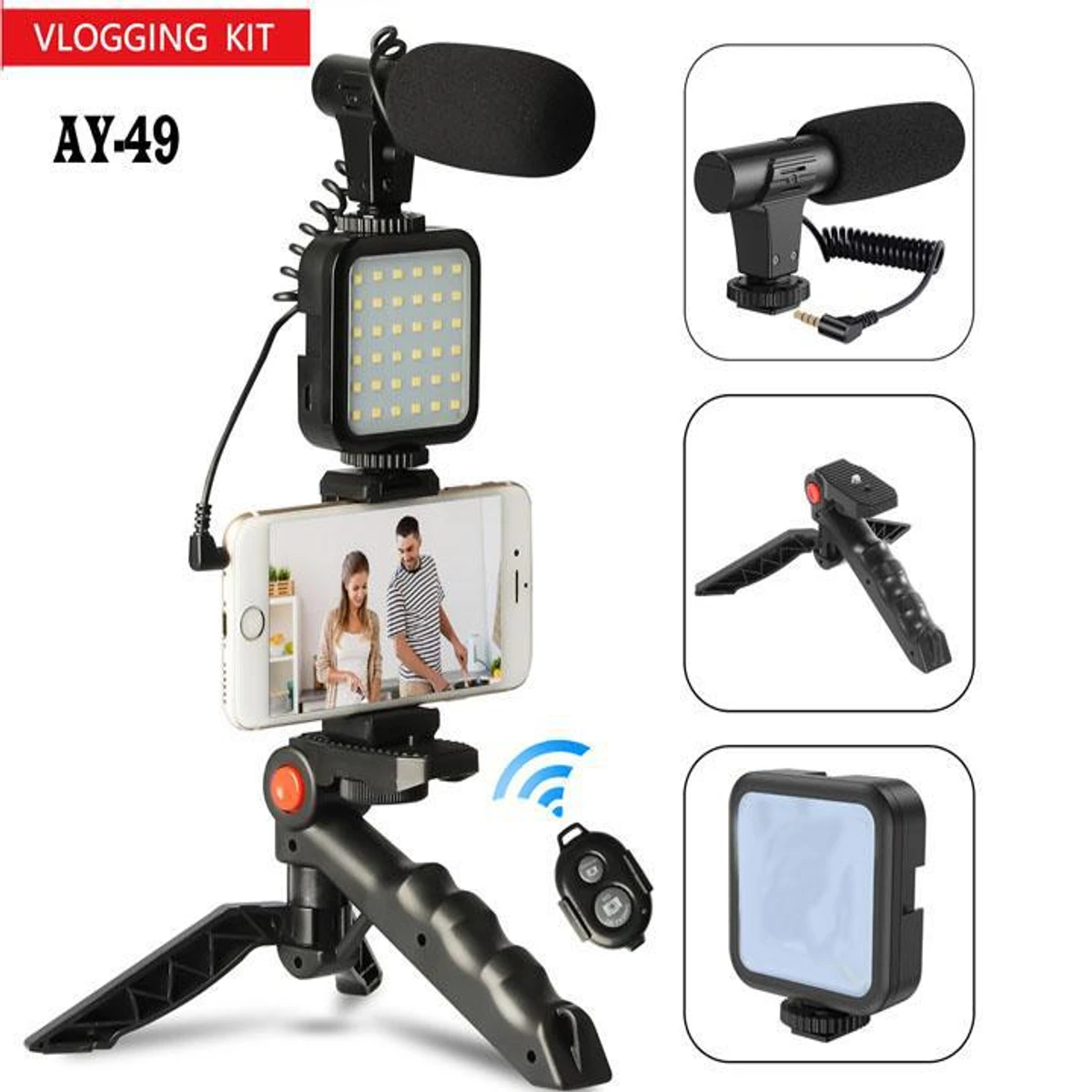 AY-49 Video Vlogger Kits Microphone LED Fill Light Mini Tripod For Phone Vlog Video Record Condenser Microphone - Image 3