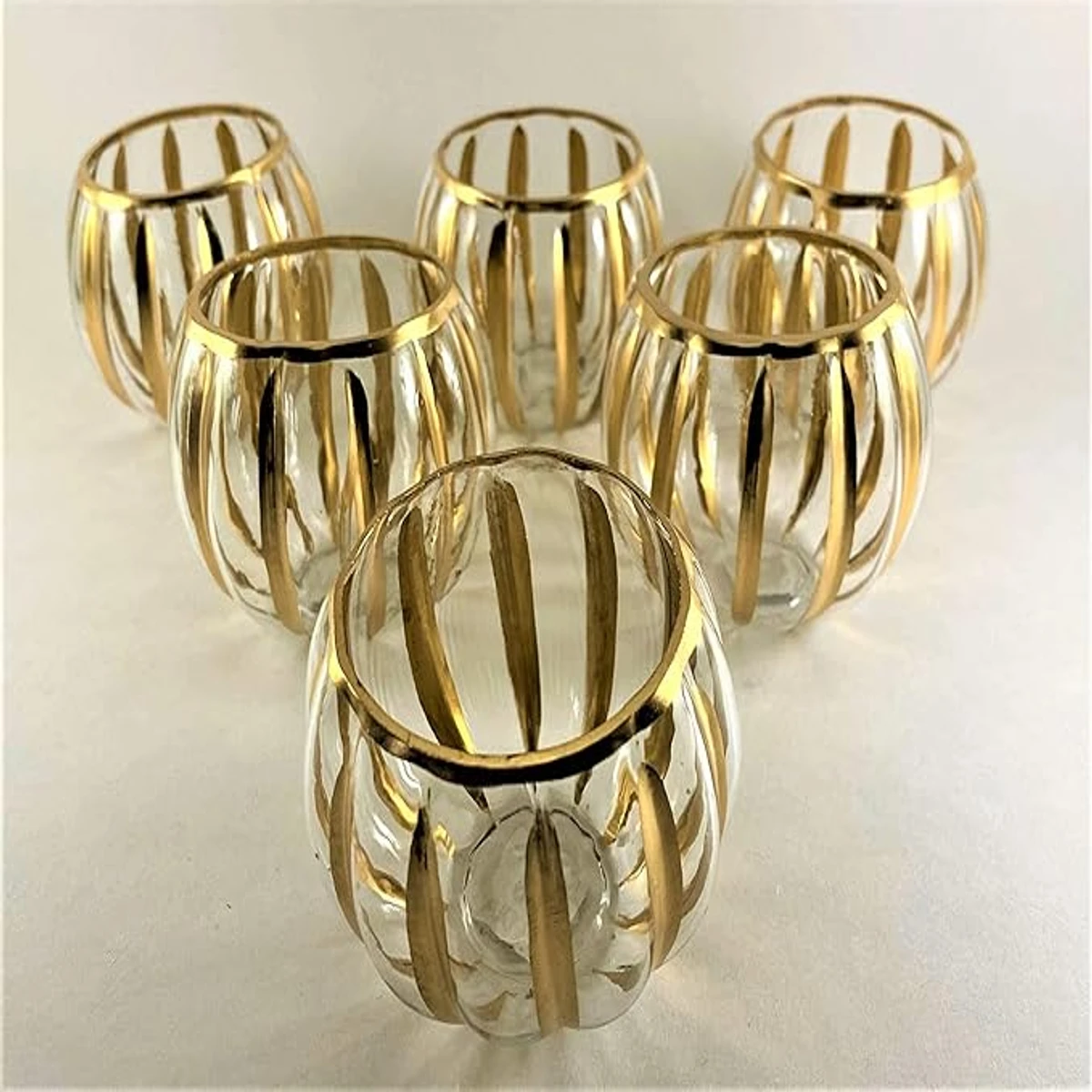 Set of 6 Hand-Crafted Votive Glass Candle Holders (Clear with Golden Stripes) - Image 3