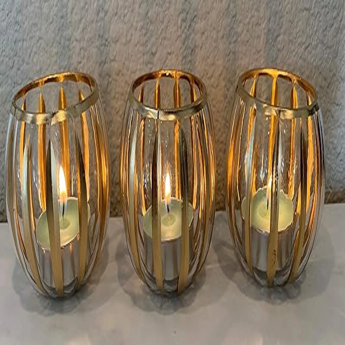 Set of 6 Hand-Crafted Votive Glass Candle Holders (Clear with Golden Stripes)