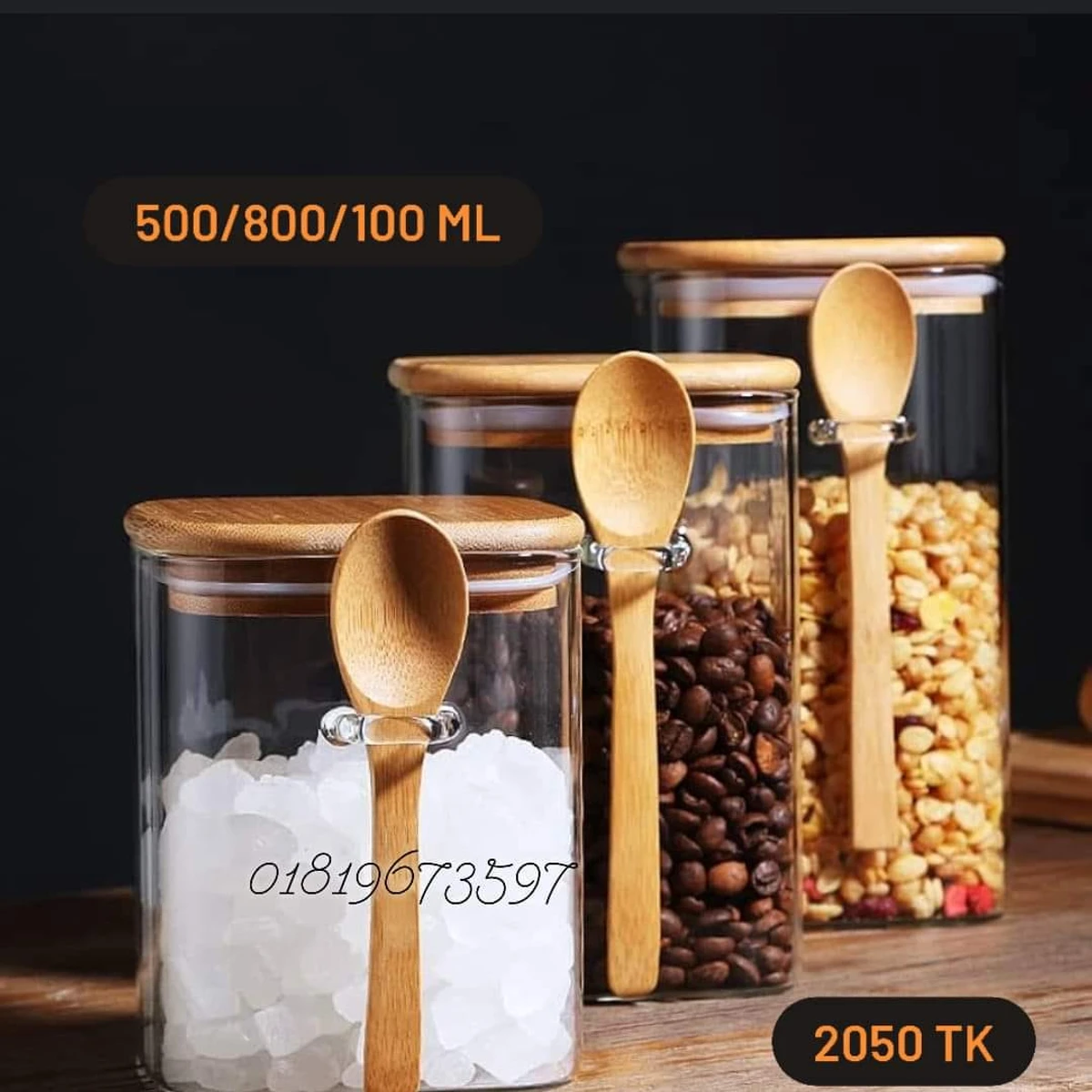 Square Airtight 3pcs Glass Jar Coffee Beans Tea Leaves Sealed Storage Box Kitchen Supplies