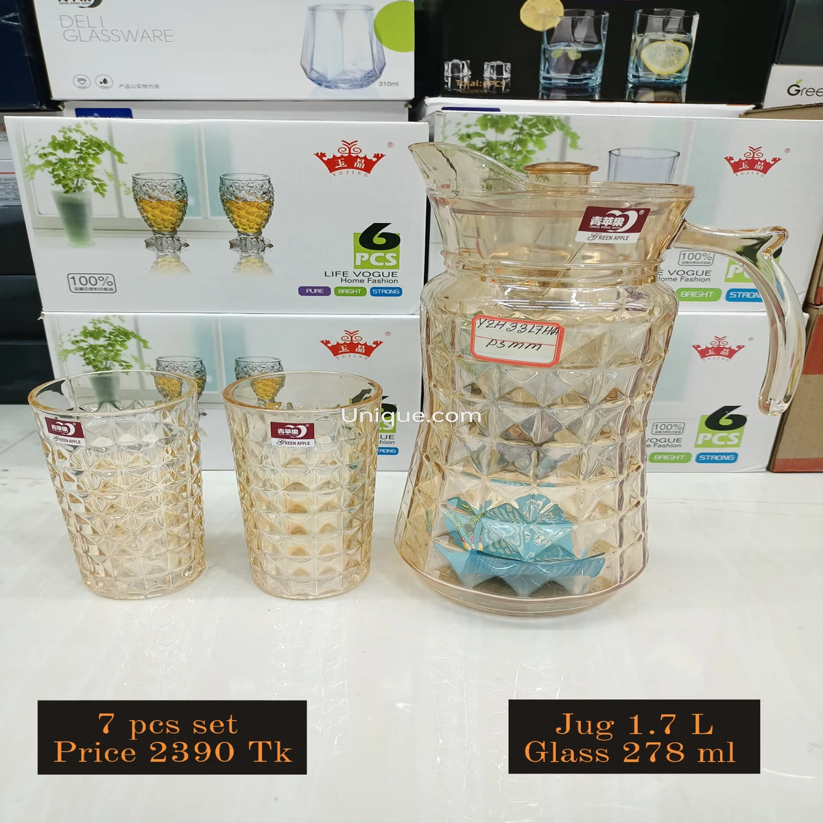 SP Collection Glass Jug with Unique Borosilicate Glass Drinks Jug for Hot Cold Water Iced Tea Wine Coffee Milk and Juice with 6 Glass