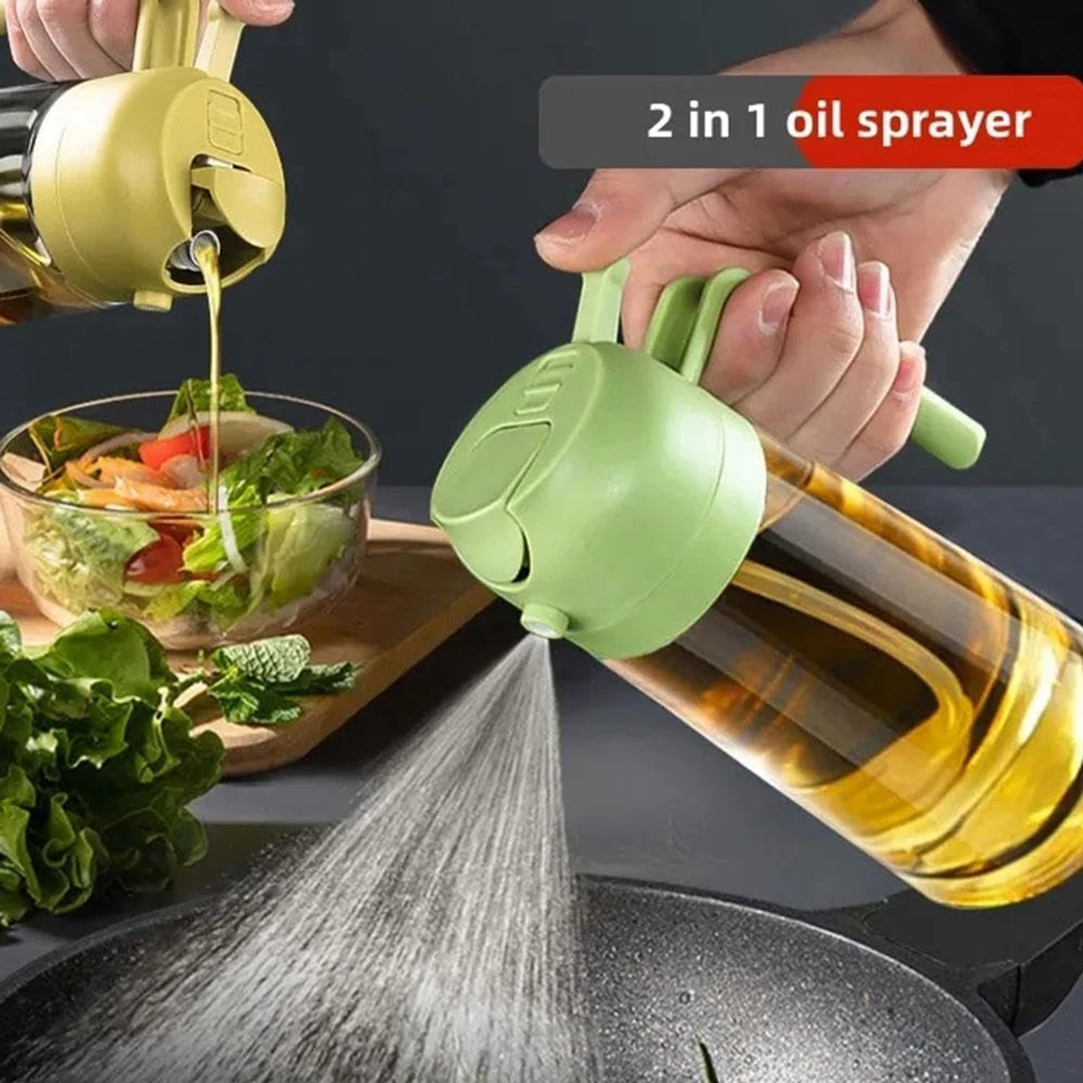 Oil Spray Bottle, 2-in-1 Oil Dispenser and Vinegar Sprayer, 470ml Glass Cooking Oil Preparation Dispensers for Kitchen Cooking Air Fryer Salad Baking BBQ - Image 1