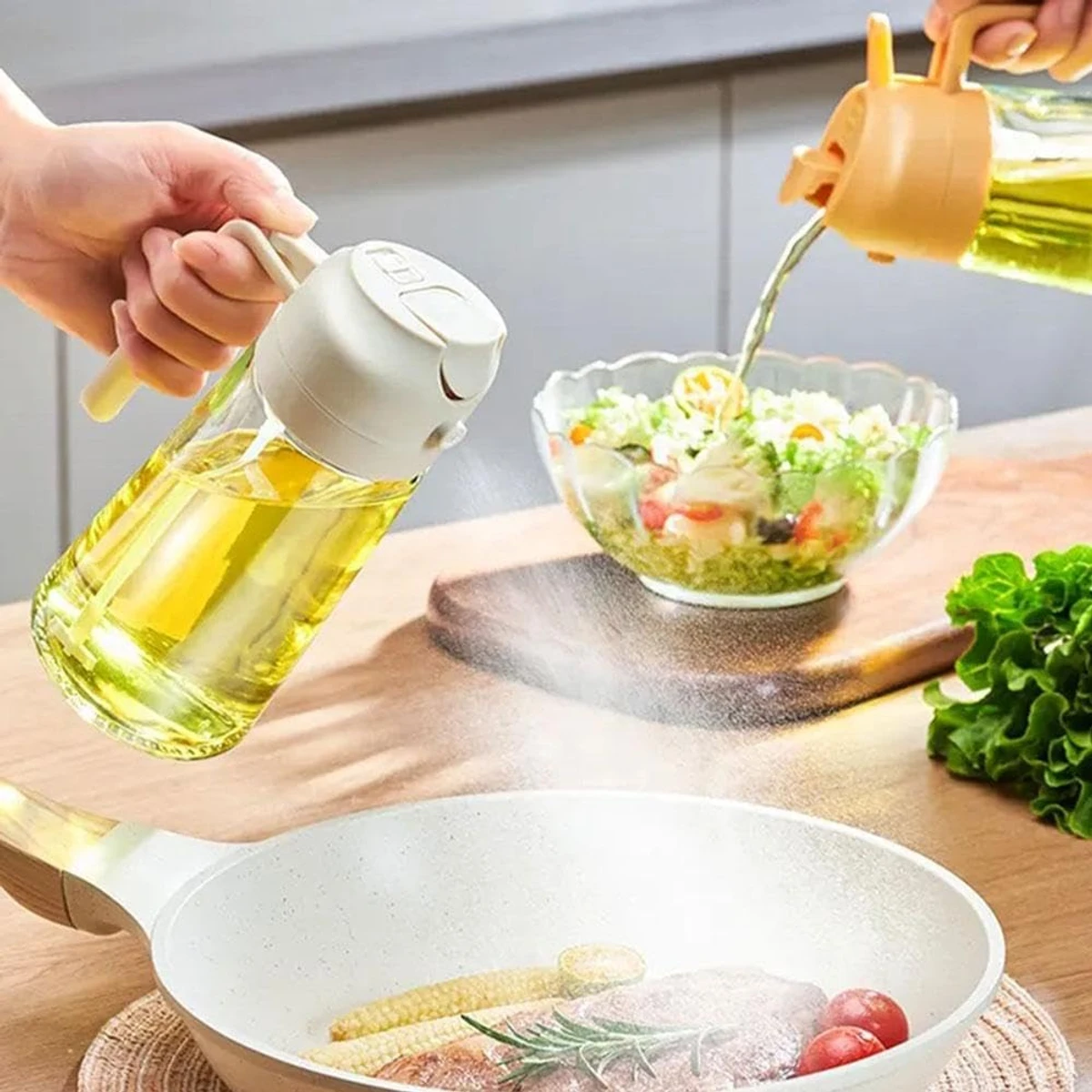 Oil Spray Bottle, 2-in-1 Oil Dispenser and Vinegar Sprayer, 470ml Glass Cooking Oil Preparation Dispensers for Kitchen Cooking Air Fryer Salad Baking BBQ - Image 2