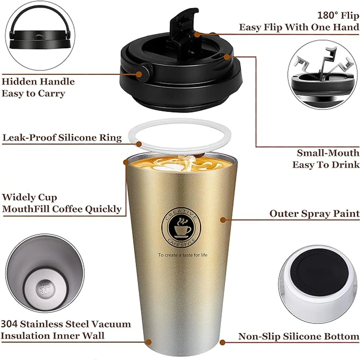 Stainless Steel Car Coffee Mug for Hot and Cold Water Coffee and Tea, 500ml17oz (Gradient Gold) - Image 5